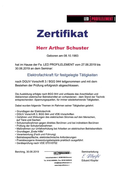 Zertifikat Arthur Schuster